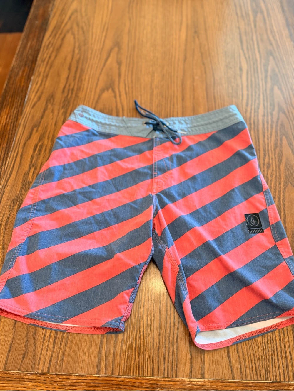 Volcom Men's Red and Navy Diagonal Stripe Swim Shorts
